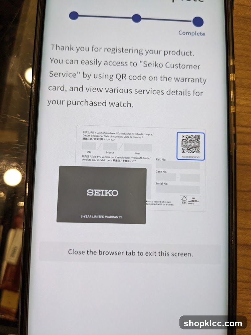 Seiko Product Registration Confirmation