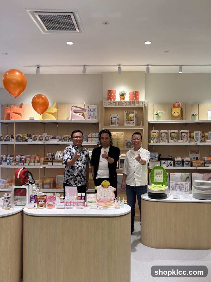 Three men posing in a store