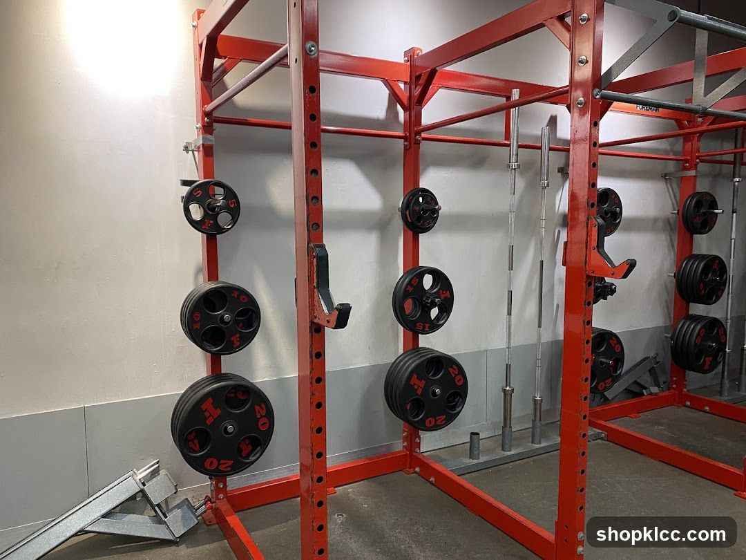 Weight Rack with Plates and Barbells