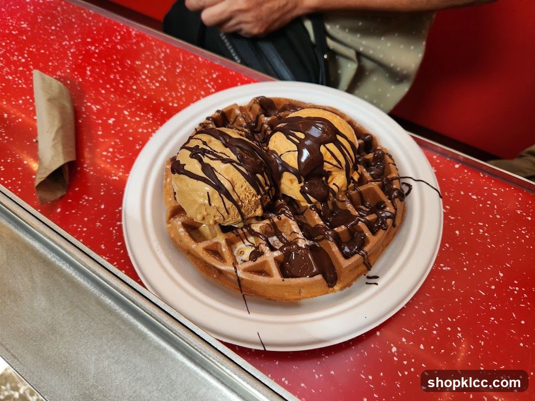 Waffle with Ice Cream and Chocolate Drizzle