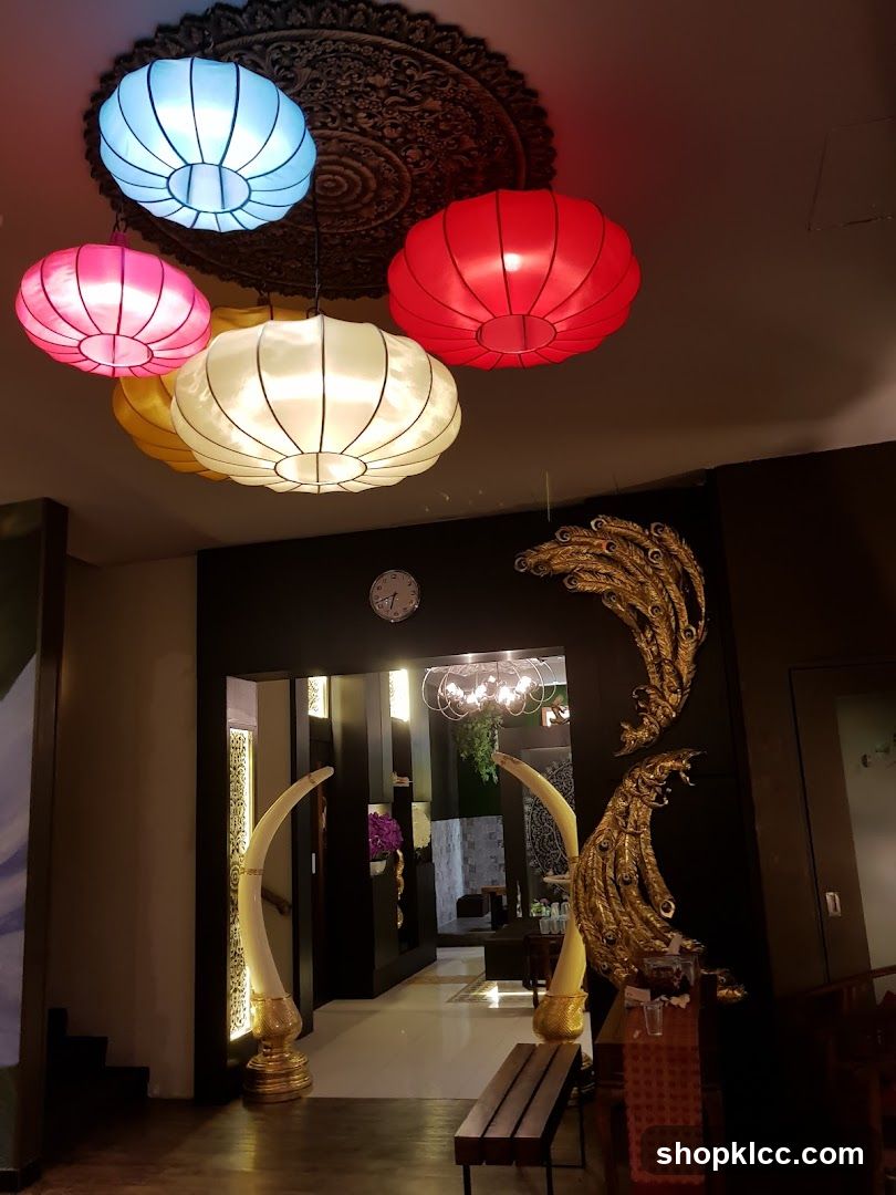 Interior with colorful lanterns and decorative elements