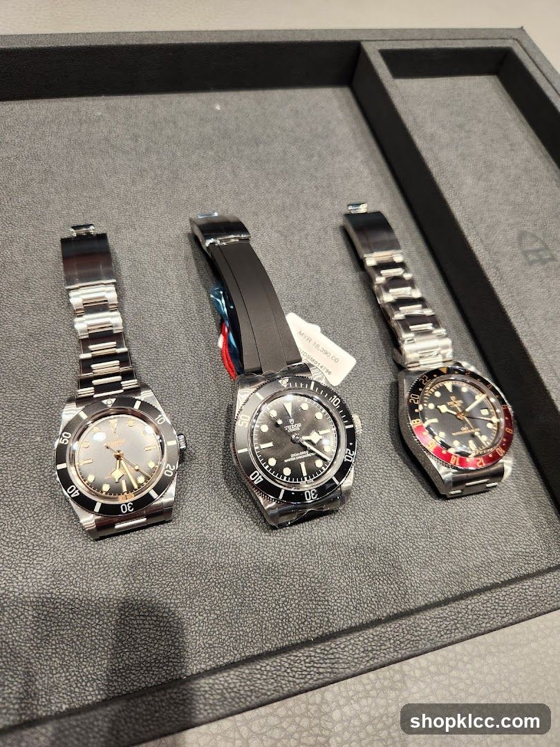 Three watches on display