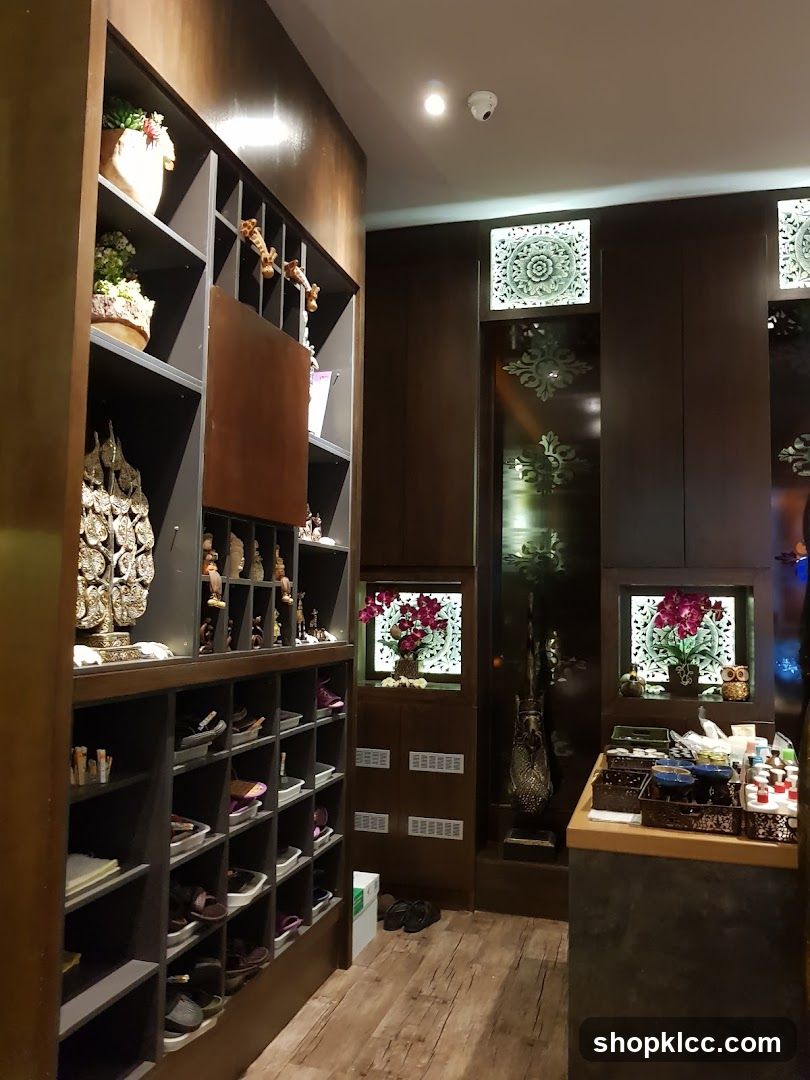 Interior of a shop with wooden shelves and decorative items