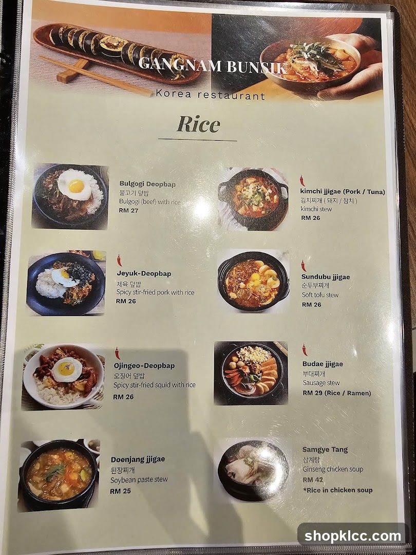Gangnam Bunsik Korea Restaurant Rice Menu