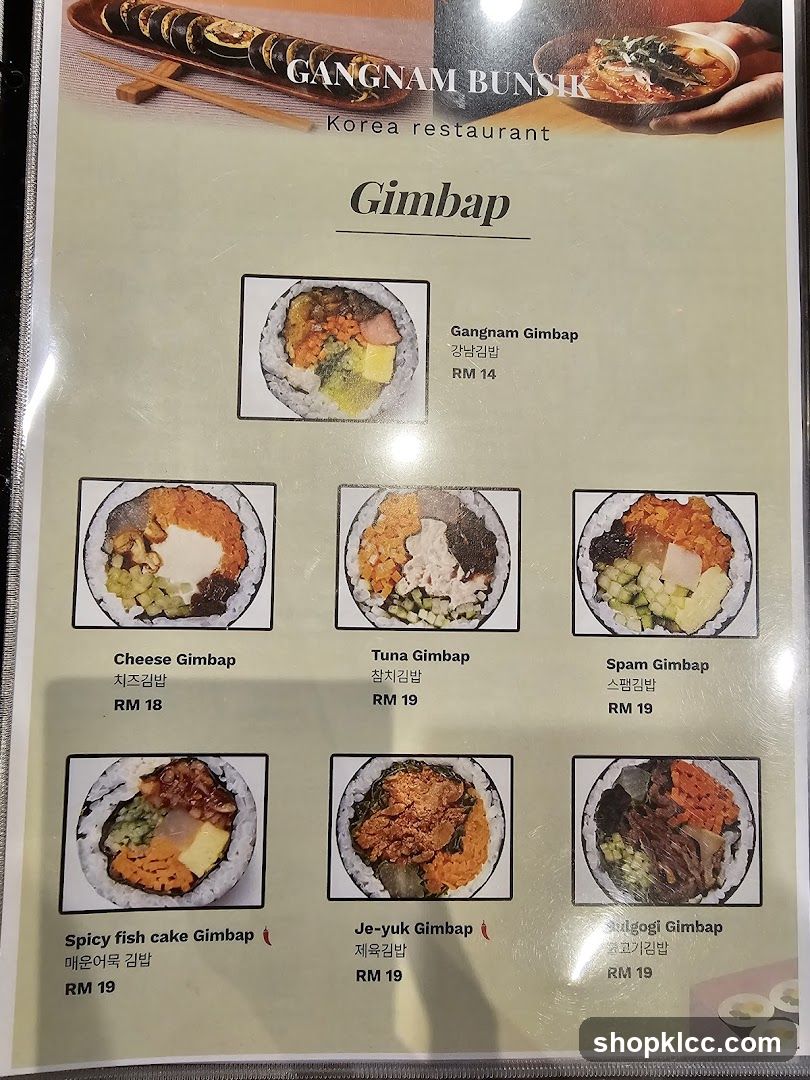 Gangnam Bunsik Korea Restaurant - Gimbab Menu