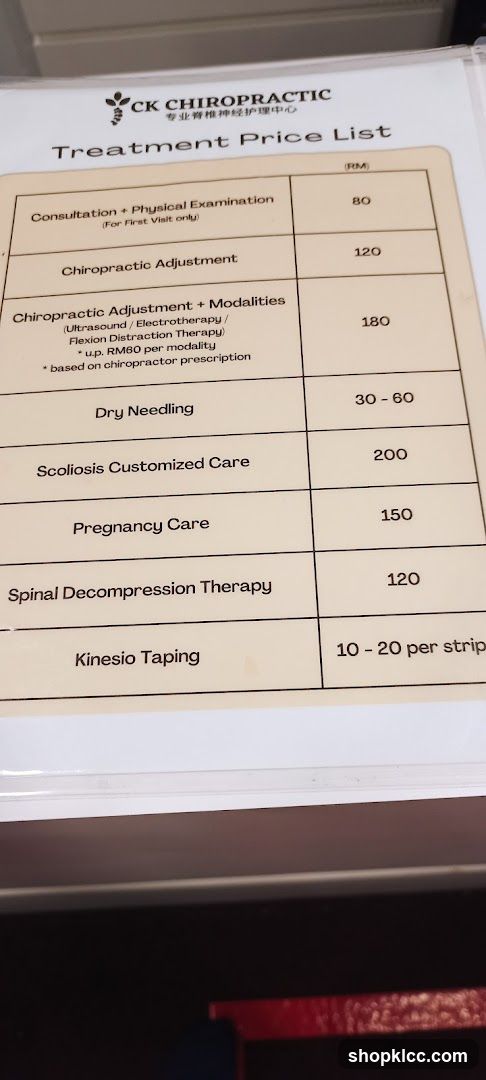 CK CHIROPRACTIC Treatment Price List
