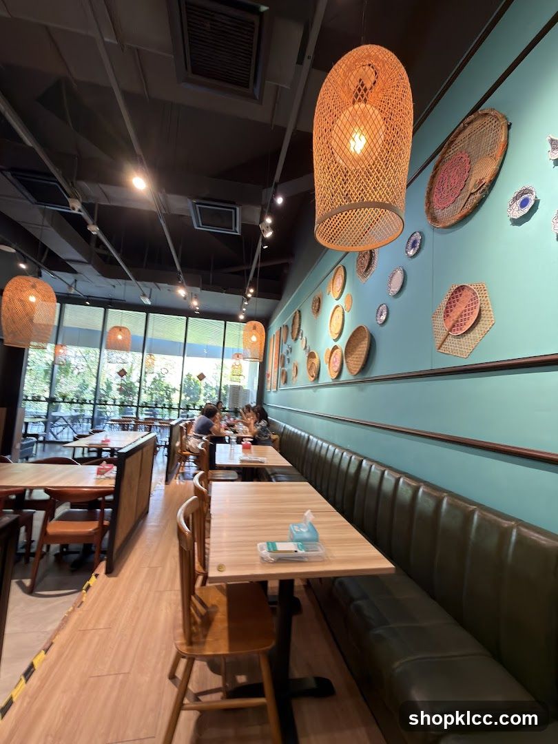 Restaurant Interior with Woven Lamps and Wall Decor