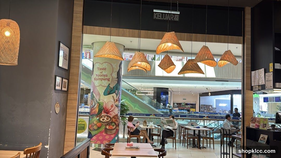 Restaurant Interior with Woven Lamps and Mall View