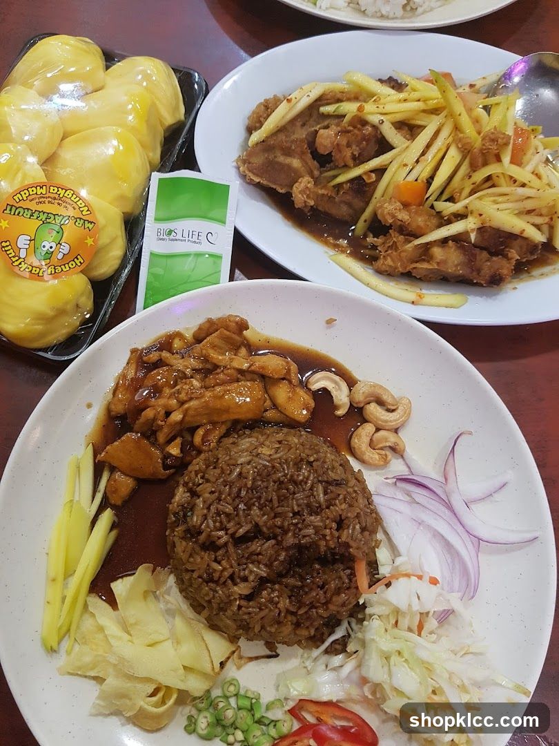 Food Spread with Durian and Curry Rice