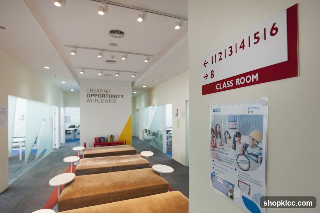 Classroom hallway with seating and signage