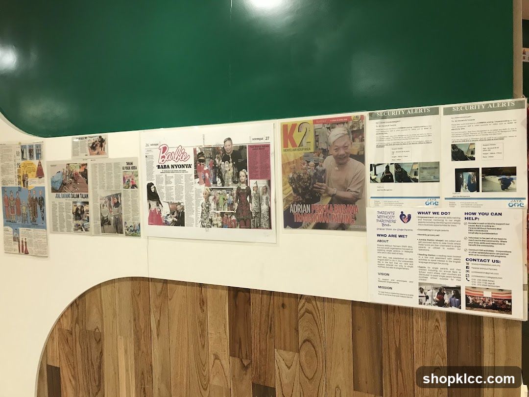 Wall Display with News Clippings and Information Flyers