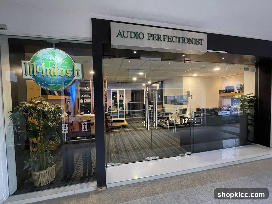The exterior of a store with a glass front. A sign above the entrance reads "AUDIO PERFECTIONIST". To the left, a circular logo with a globe and the word "McIntosh" is visible on the glass. Inside, audio equipment is displayed on shelves and counters.
