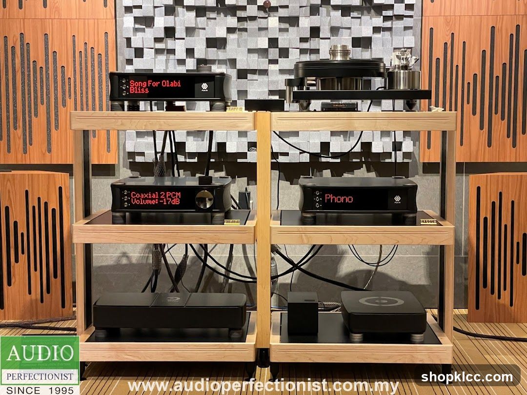 Audio equipment on display shelves