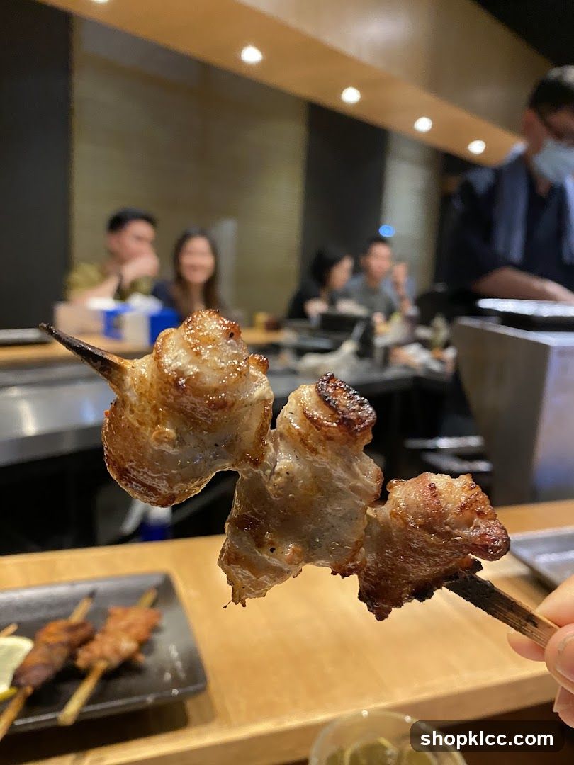 Close-up of grilled skewers in a restaurant
