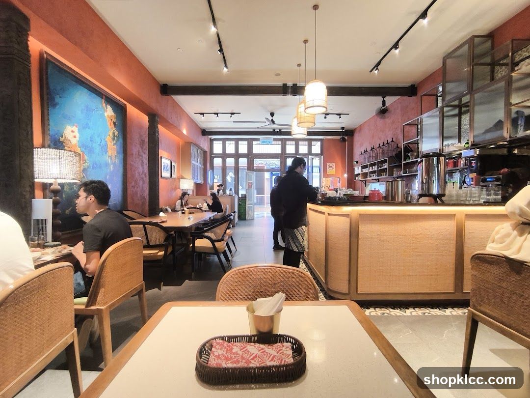 Interior of a cafe with patrons and a counter