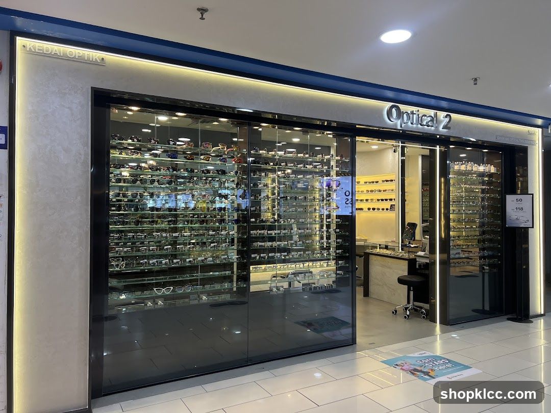 The storefront of an optical shop named "Optical 2" and "KEDAI OPTIK". The shop has large glass windows displaying numerous pairs of eyeglasses and sunglasses. Inside, there is a counter and more eyewear on display. A sign on the right shows prices: "- 50" and "- 118".