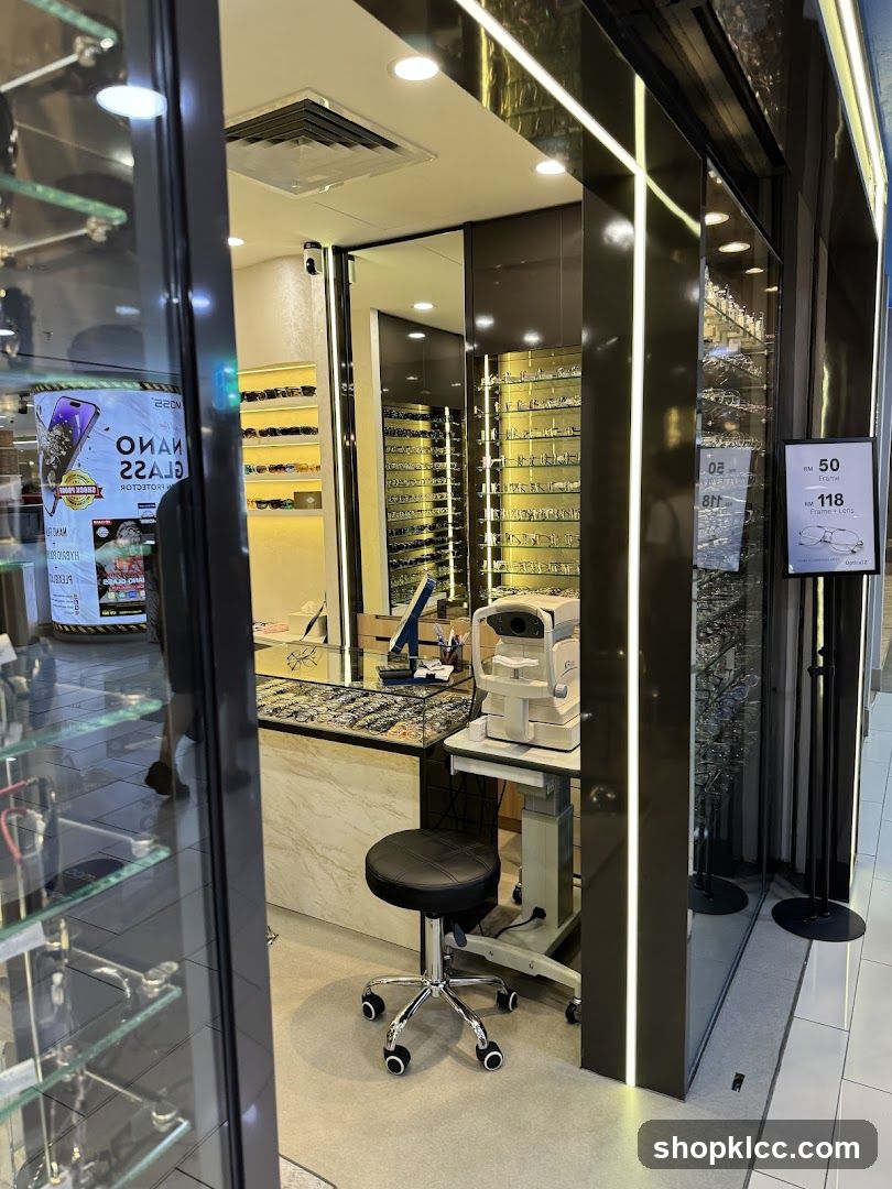 The exterior of an optical shop, with displays of eyeglasses and optical equipment visible through the glass entrance. A price board is displayed outside the shop.