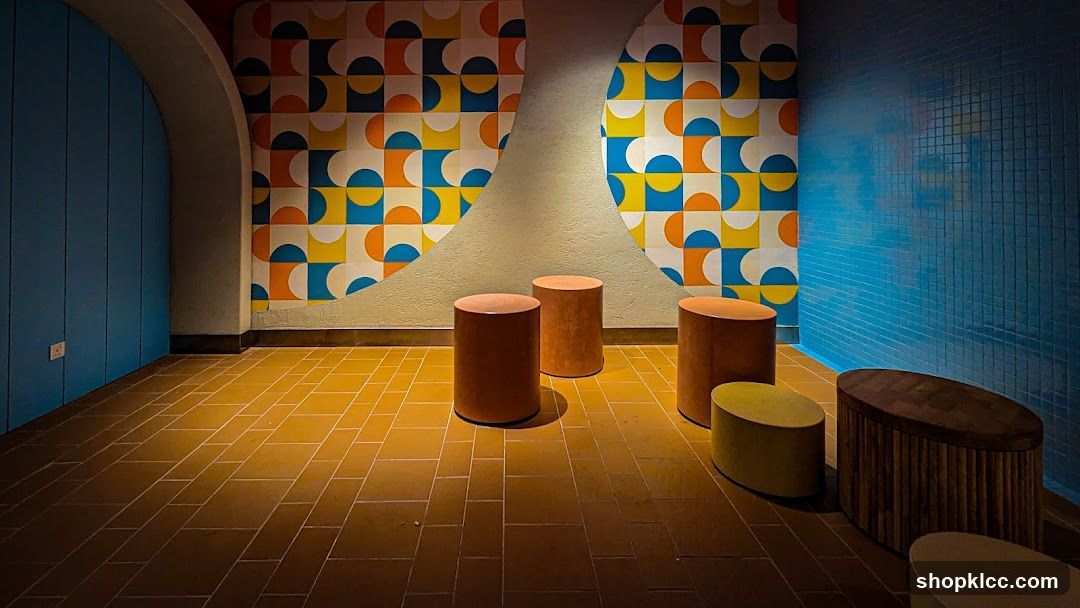 Modern Seating Area with Geometric Mural