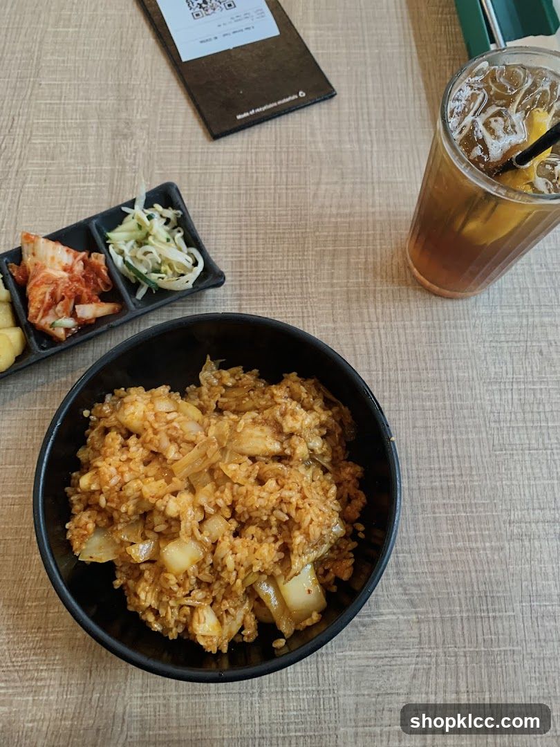 Kimchi Fried Rice with Side Dishes and Drink