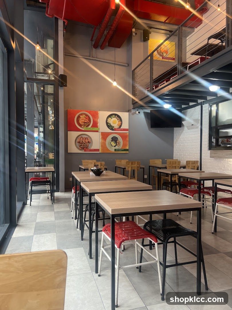 Restaurant Interior with Seating and Food Displays