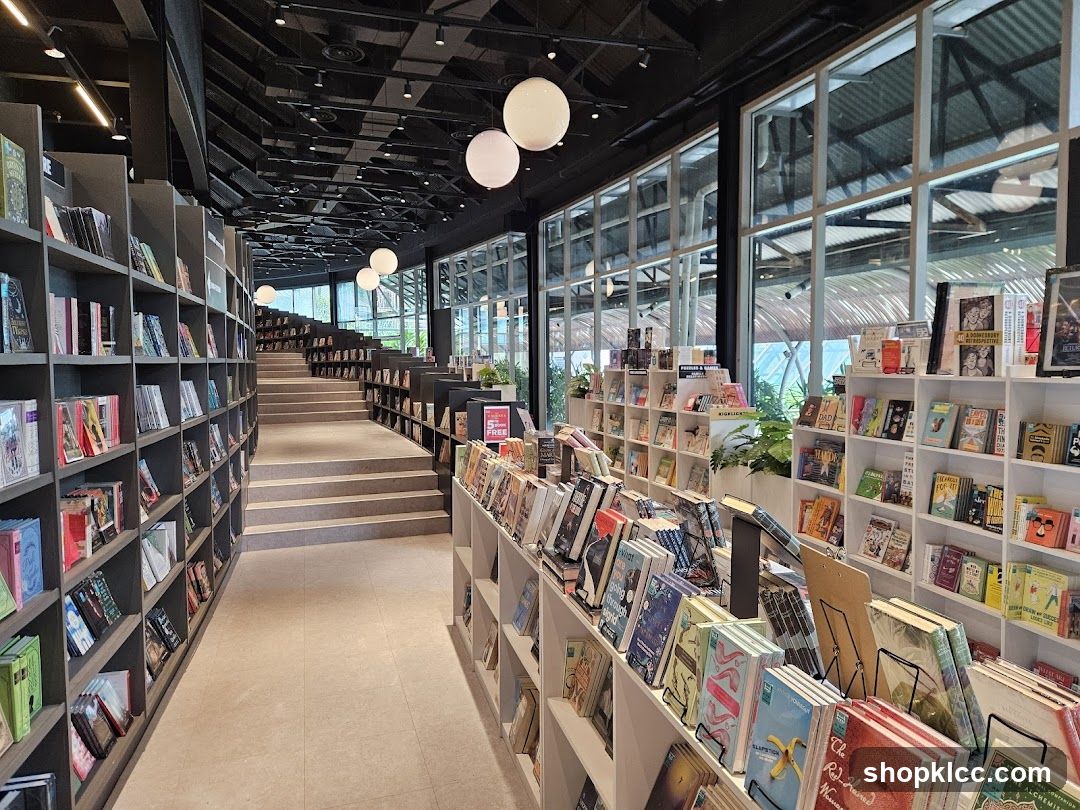 Interior of a bookstore with tiered seating and bookshelves