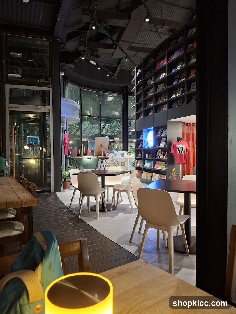 Modern Cafe Interior with Bookshelves