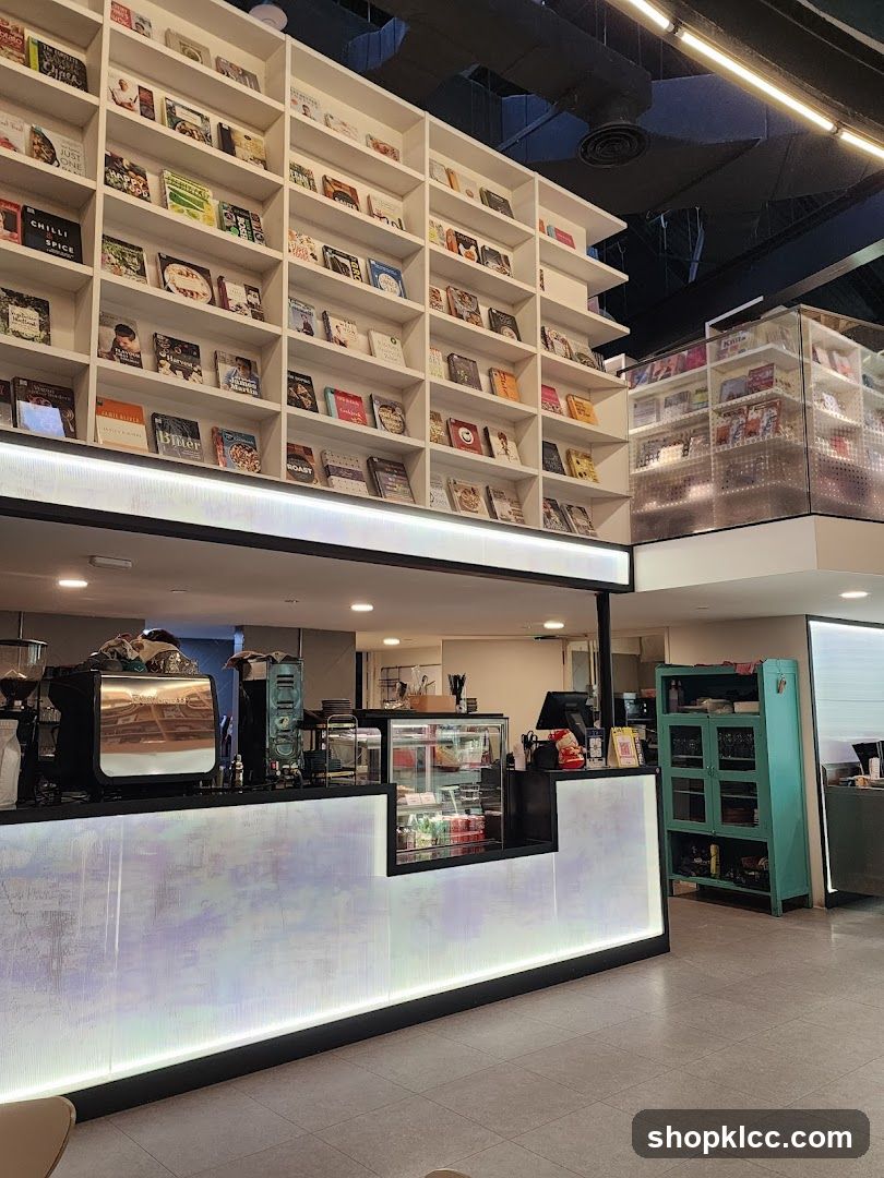 Cafe interior with bookshelves