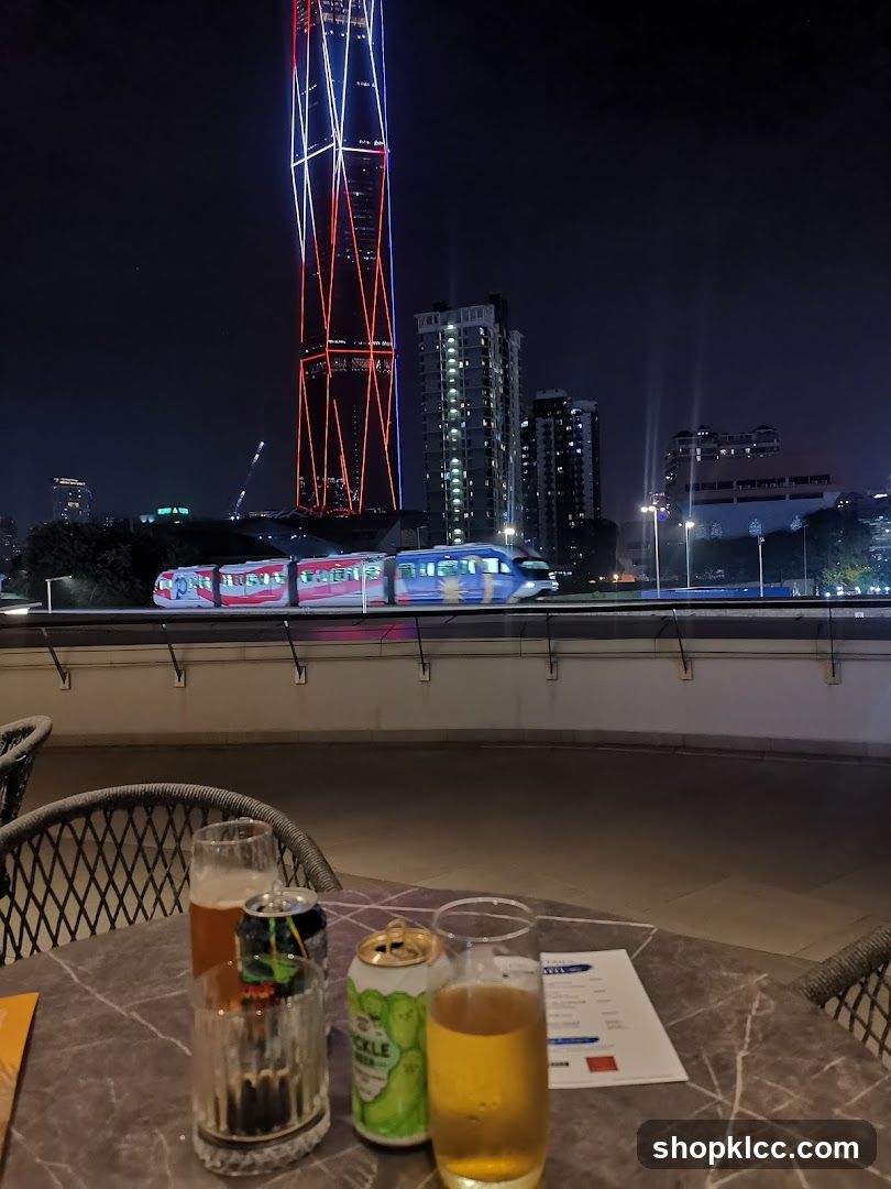 Outdoor seating with city view at night