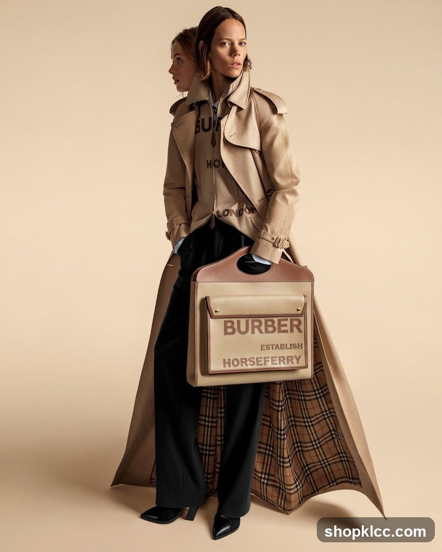 Models wearing Burberry trench coats and holding a Burberry bag