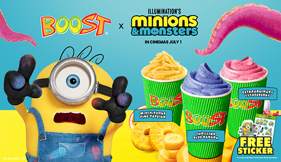 Boost Juice x Minions and Monsters three collaboration drinks: Thrilling Blue Banana, Extraordinary LycheeBerry and Mischievous Pine-Passion