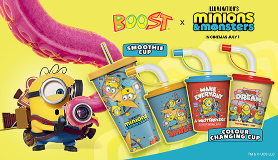 Boost x Minions and Monsters merchandise collection including smoothie cup and colour-changing cups