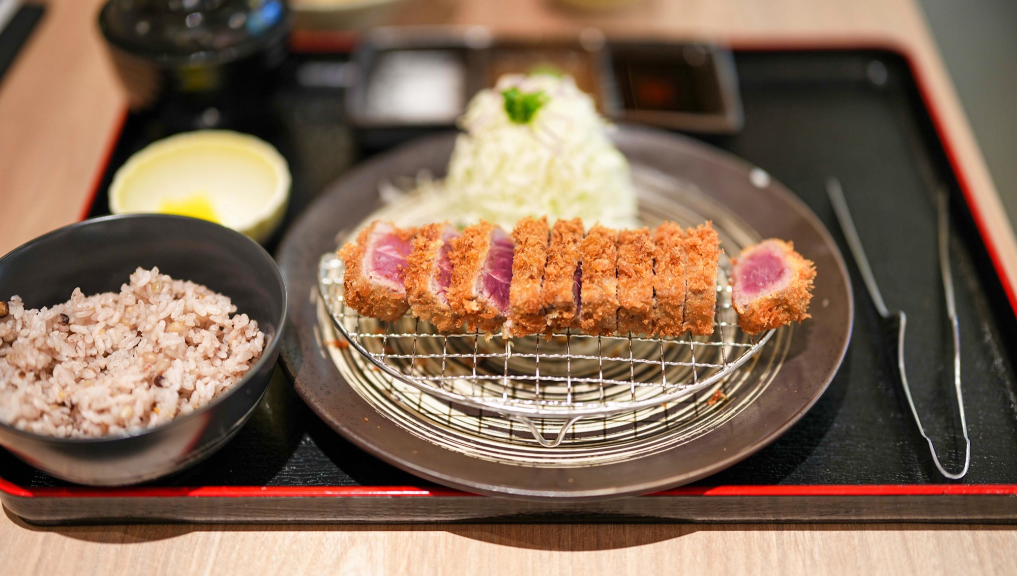 Gyukatsu set with rice, cabbage and dipping sauces at Kyoto Katsu, Level 4 Suria KLCC